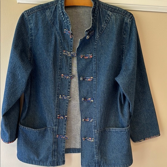 Denim Women's Jacket with embroidery Asian knotted buttons & Floral Accents - Picture 8 of 15